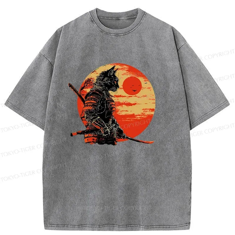 Trendy Sunset Washed Cat Samurai T-Shirt