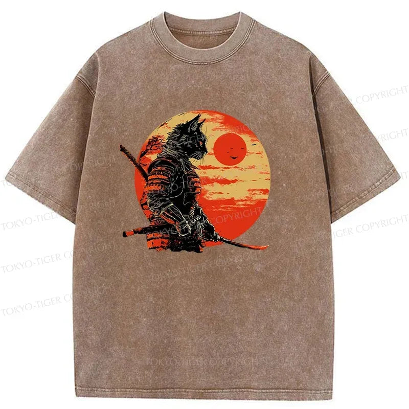 Kyoto-Lion Cat Samurai And Sunset Washed T-Shirt