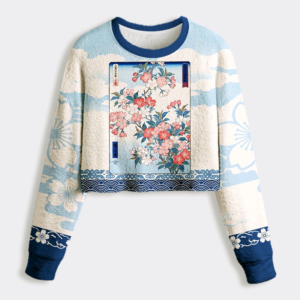 Kyoto-Lion Japanese Sakura Floral Women's Fuzzy Cropped Sweatshirt
