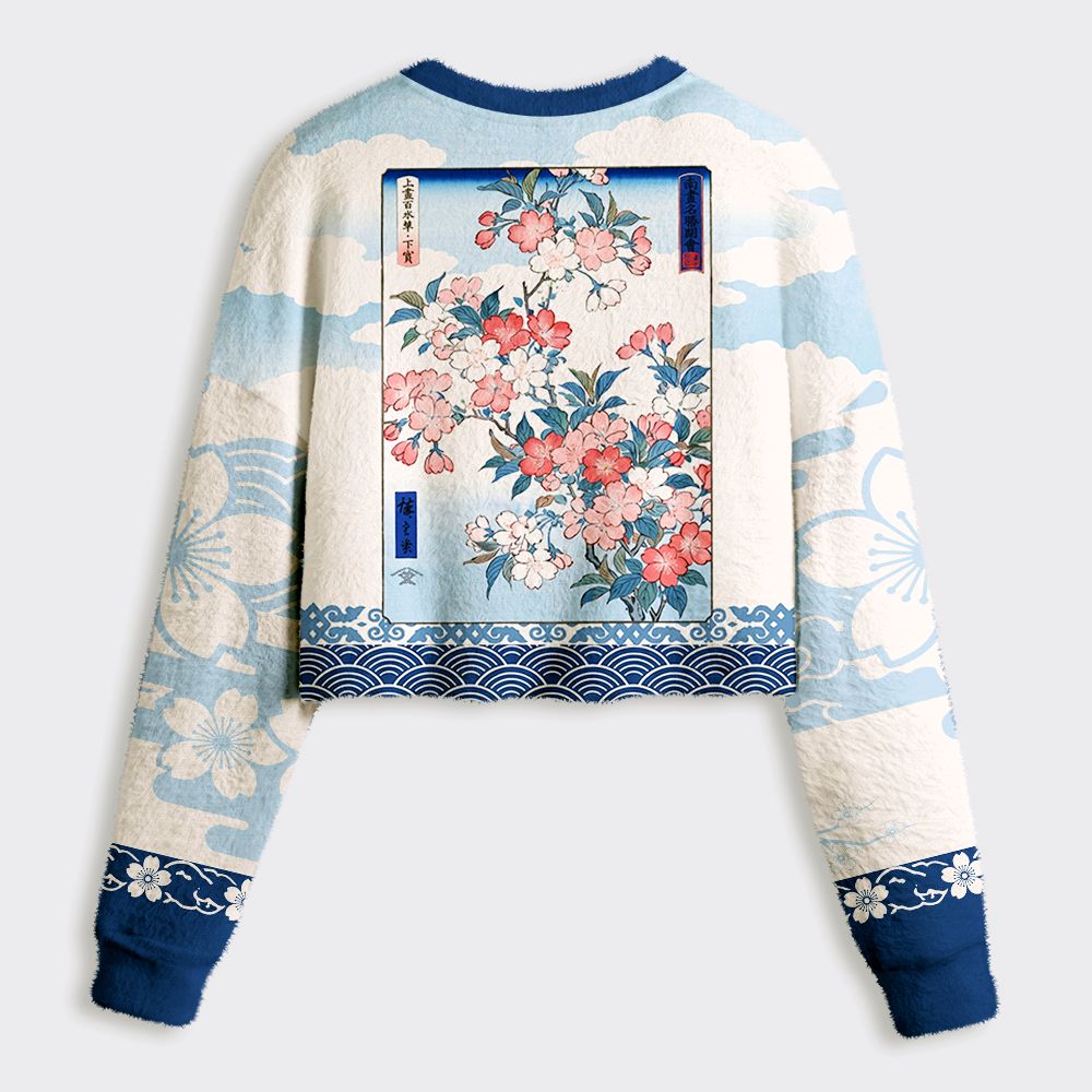 Kyoto-Lion Japanese Sakura Floral Women's Fuzzy Cropped Sweatshirt