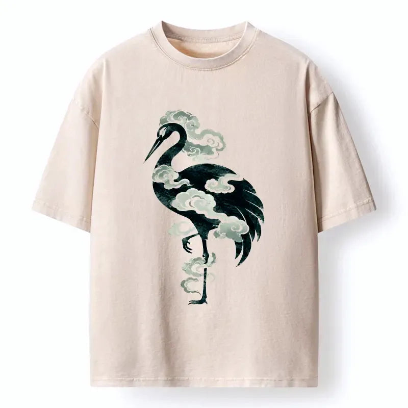 Kyoto-Lion Ink Wash Crane With Clouds Washed T-Shirt