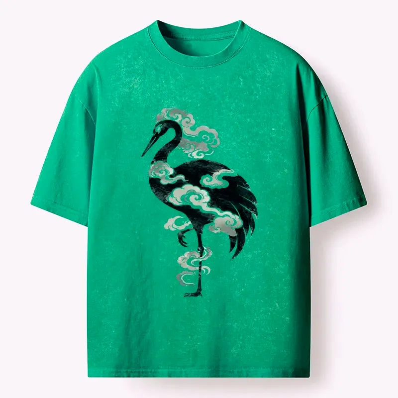 Kyoto-Lion Ink Wash Crane With Clouds Washed T-Shirt