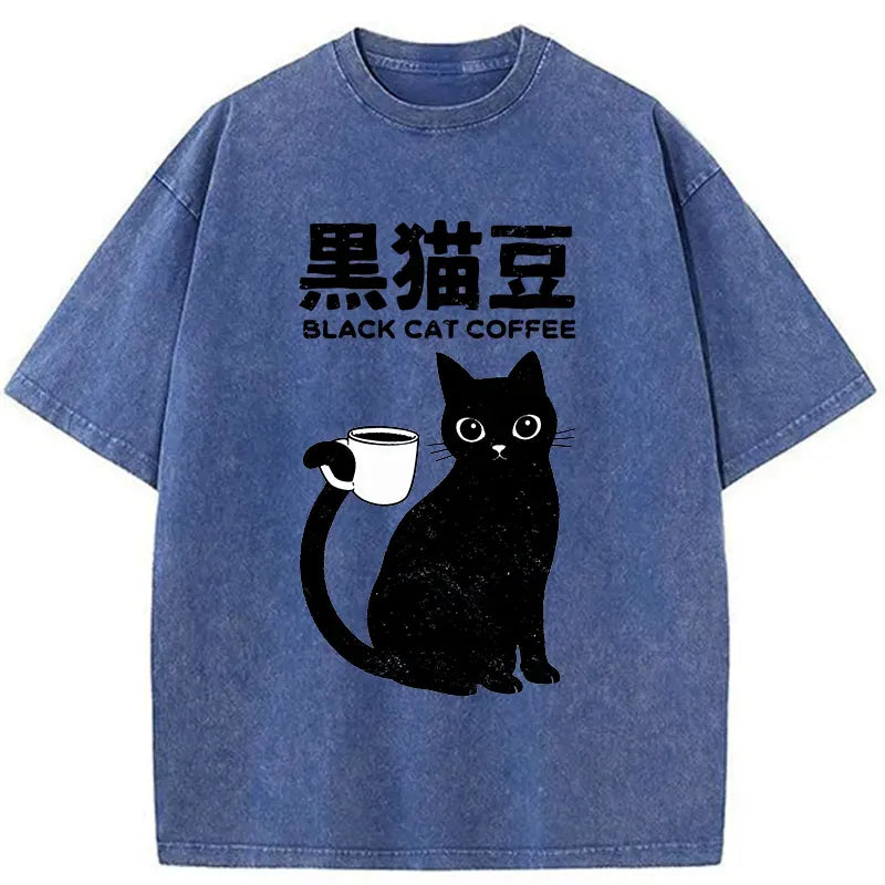 Kyoto-Lion Black Cat And Coffee Washed T-Shirt