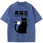Kyoto-Lion Black Cat And Coffee Washed T-Shirt