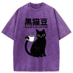 Kyoto-Lion Black Cat And Coffee Washed T-Shirt