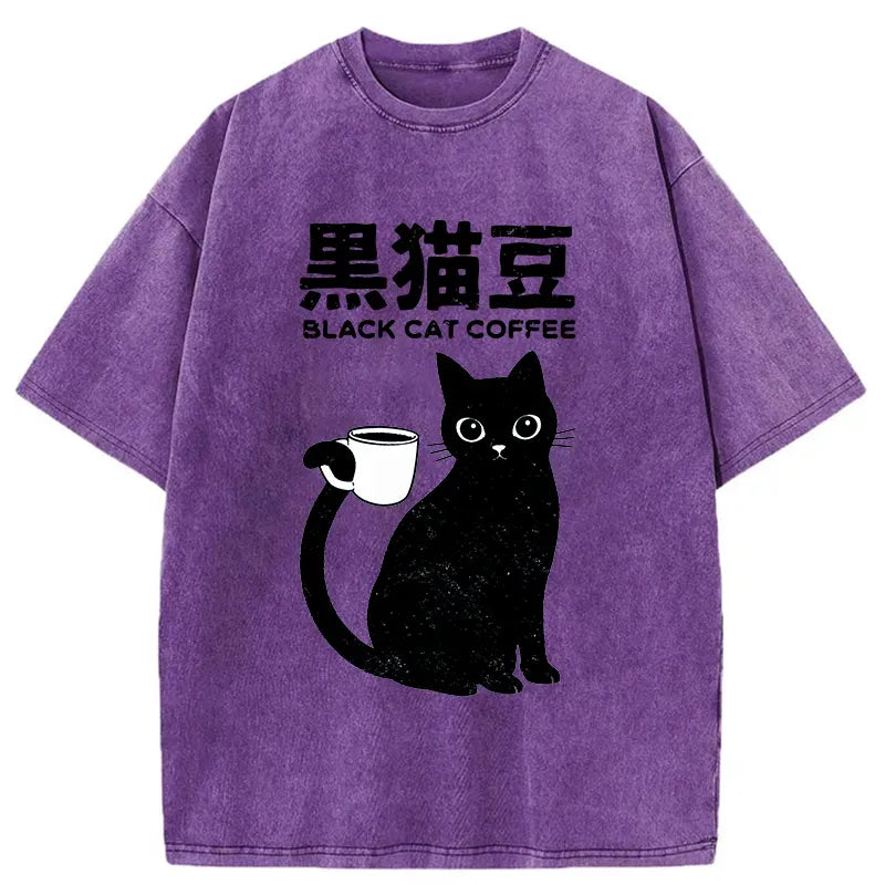 Kyoto-Lion Black Cat And Coffee Washed T-Shirt