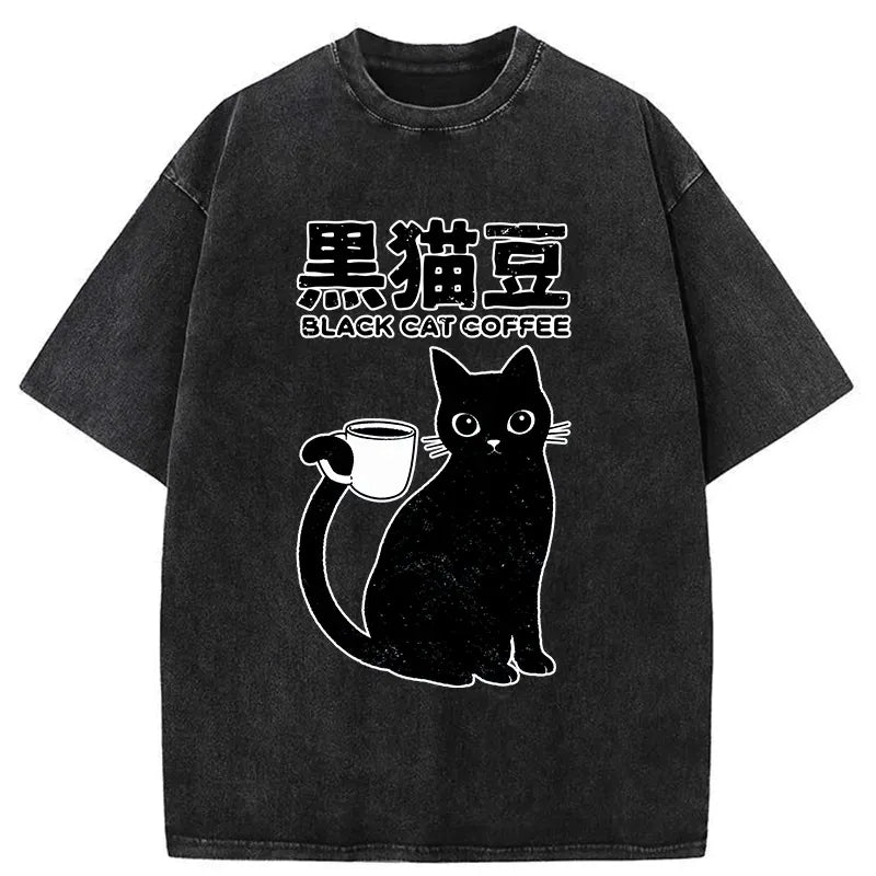 Japanese Black Cat Washed T-Shirt