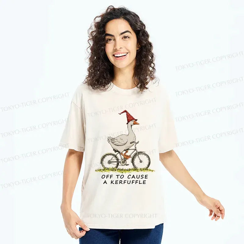 Kyoto-Lion goose riding bicycle washed t-shirt for daily wear