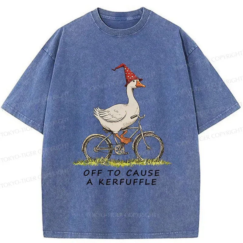 Kyoto-Lion goose riding bicycle washed t-shirt for daily wear