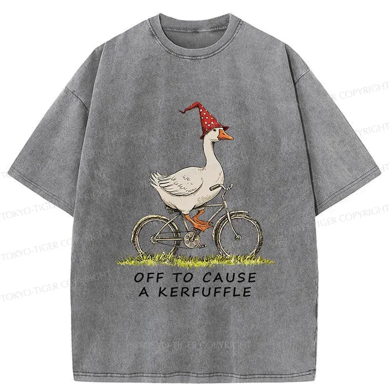 Kyoto-Lion goose riding bicycle washed t-shirt for daily wear