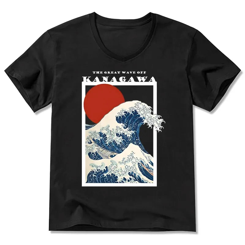 Minimalist Ukiyo-e V-Neck T-Shirt for Daily Wear