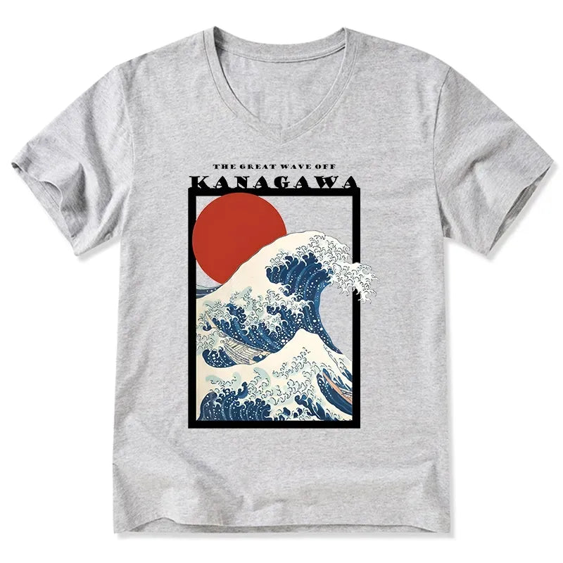 Minimalist Ukiyo-e V-Neck T-Shirt for Daily Wear