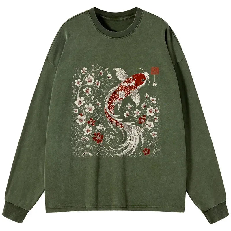 Kyoto-Lion Vintage Sakura And Koi Washed Long Sleeve T-Shirt