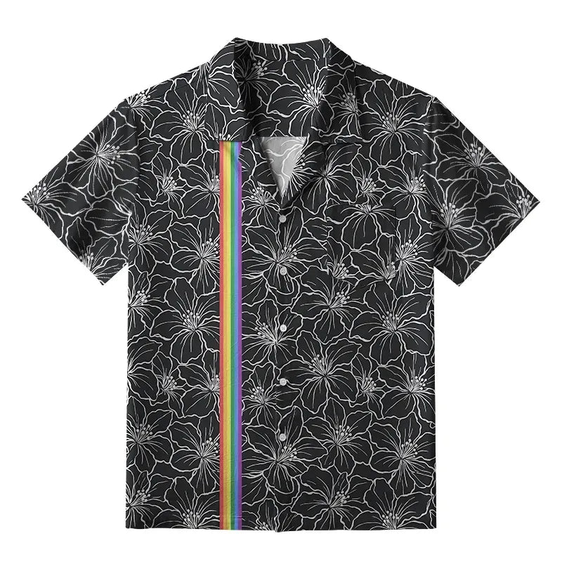 Kyoto-Lion Rainbow Blooms Black Flowers Japanese Hawaiian Shirt