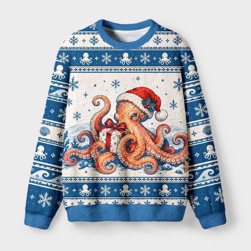 Kyoto-Lion Winter Octopus Vibe Fuzzy Christmas Ugly Sweatshirt