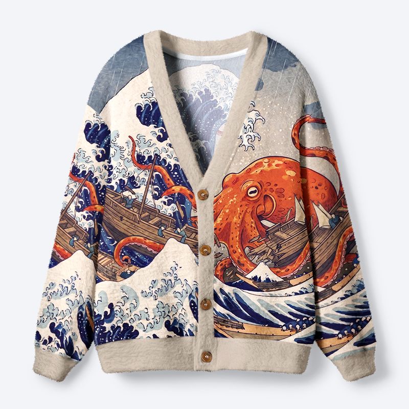 Kyoto-Lion Japanese Sea Monster Octopus Vintage Wave Ugly Cardigan Sweater
