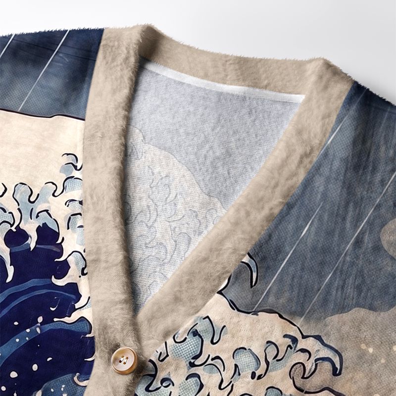 Kyoto-Lion Japanese Sea Monster Octopus Vintage Wave Ugly Cardigan Sweater