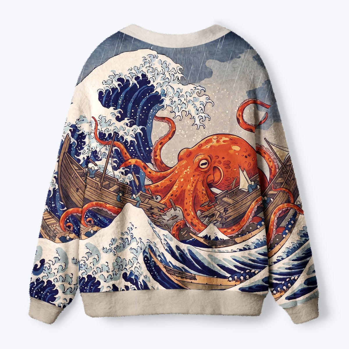 Kyoto-Lion Japanese Sea Monster Octopus Vintage Wave Ugly Cardigan Sweater