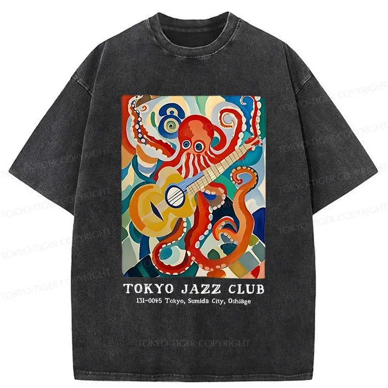 Kyoto-Lion Japanese Octopus Playing Guitar Washed T-Shirt