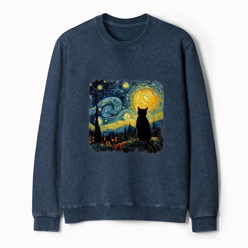 Japanese Starry Night Cat Sweatshirt for Streetwear