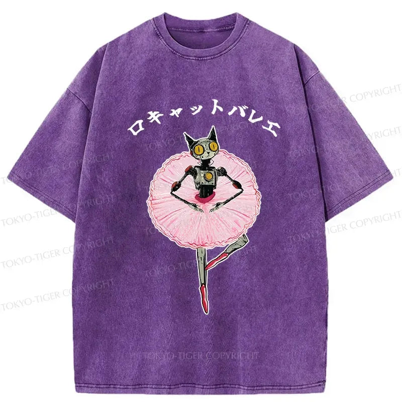 Kyoto-Lion Ballet Dancing Robot Cat Washed T-Shirt
