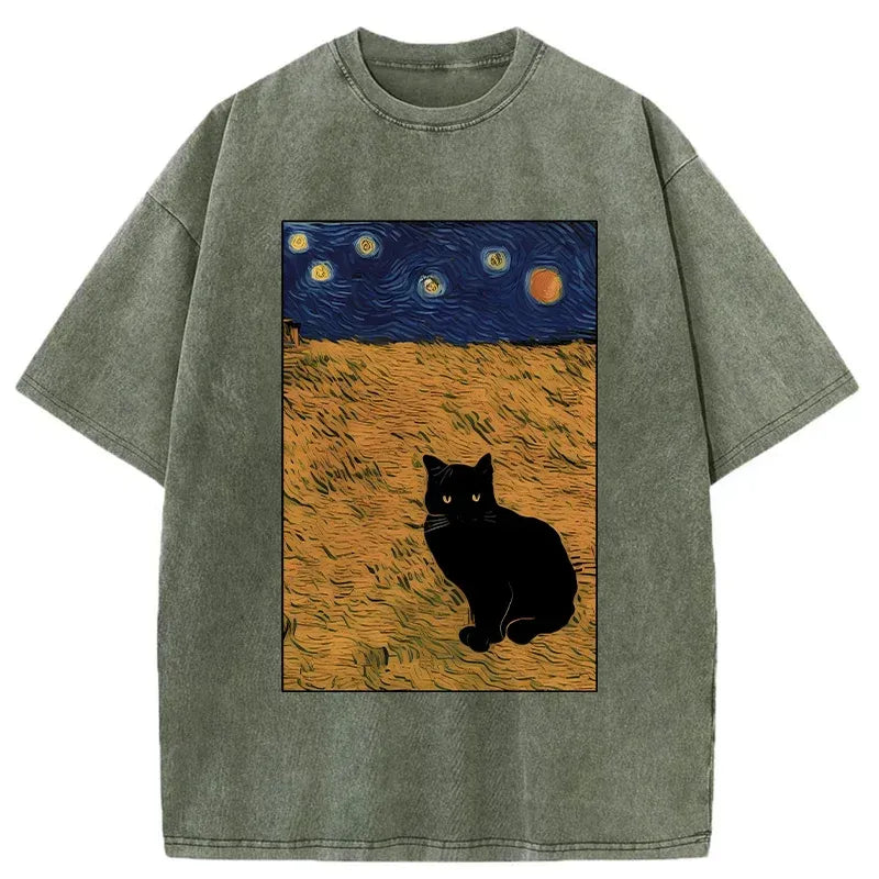 Kyoto-Lion Cat In The Field Under Starry Sky Washed T-Shirt