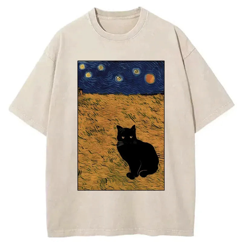 Kyoto-Lion Cat In The Field Under Starry Sky Washed T-Shirt
