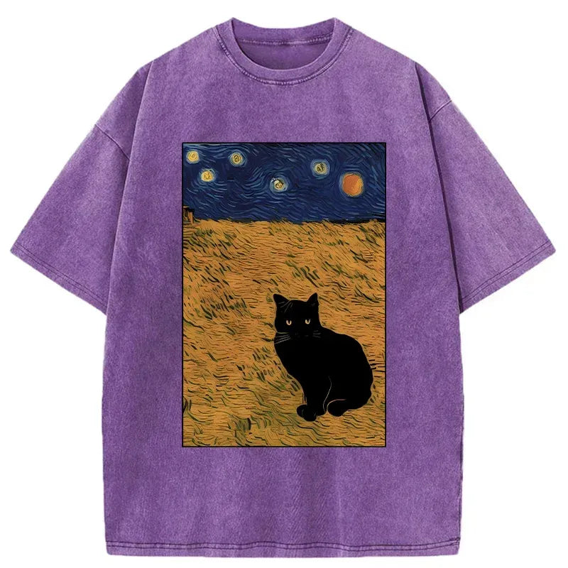 Kyoto-Lion Cat In The Field Under Starry Sky Washed T-Shirt