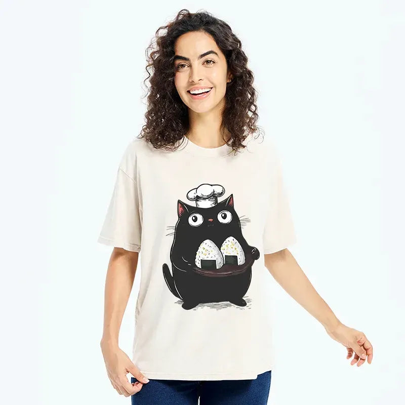 japanese cat chef washed t-shirt