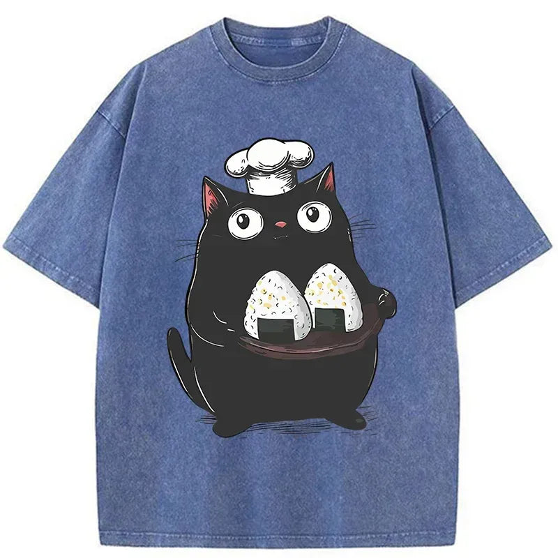 japanese cat chef washed t-shirt