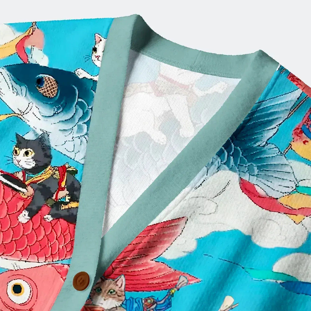 Kyoto-Lion Cats And Japanese Carp Flags: A Dreamy Flight Ugly Cardigan Sweater