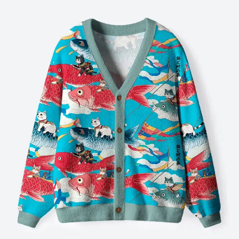 Kyoto-Lion Cats And Japanese Carp Flags: A Dreamy Flight Ugly Cardigan Sweater