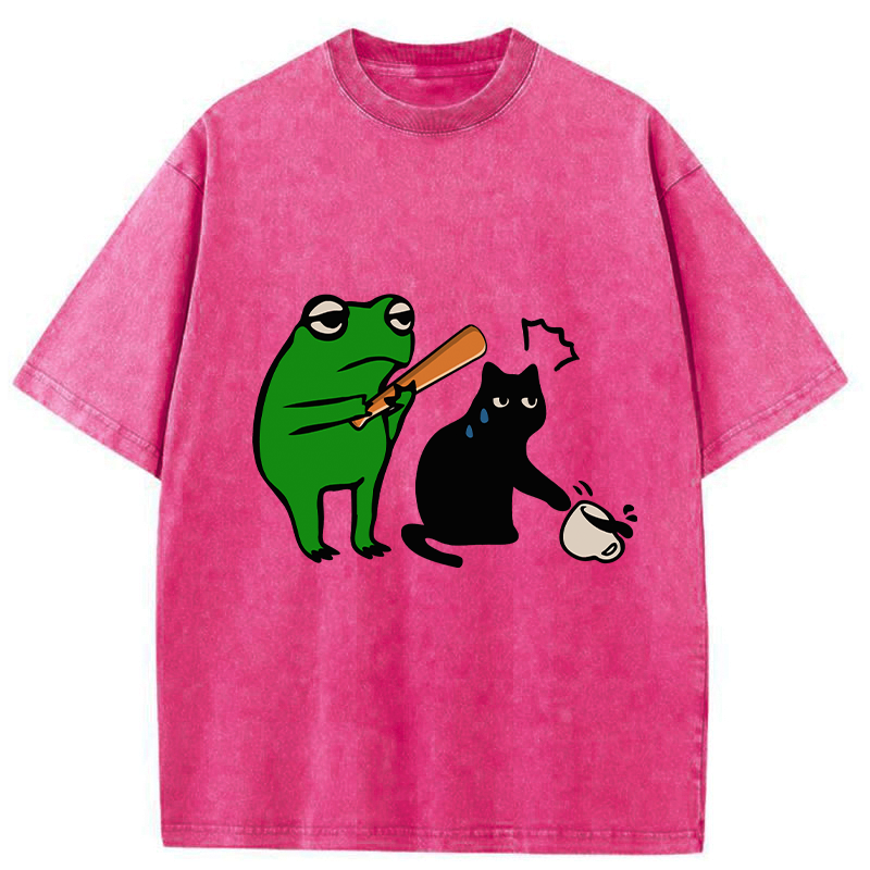 Kyoto-Lion Funny Frog Hit The Cat Washed T-Shirt