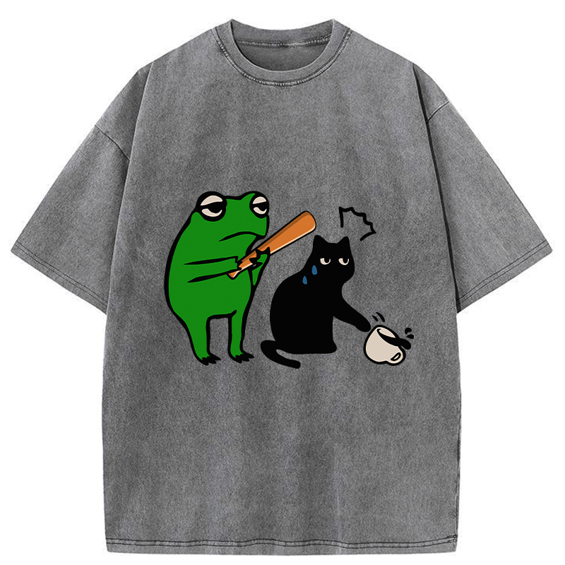 funny frog cat washed t-shirt