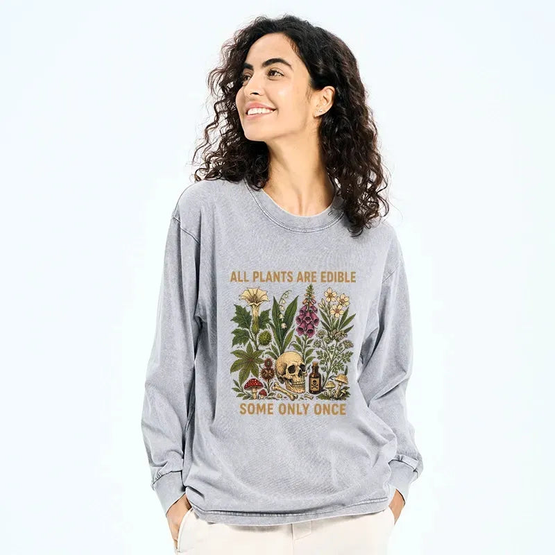 Kyoto-Lion Edible Plants Some Only Once Joke Washed Long Sleeve T-Shirt