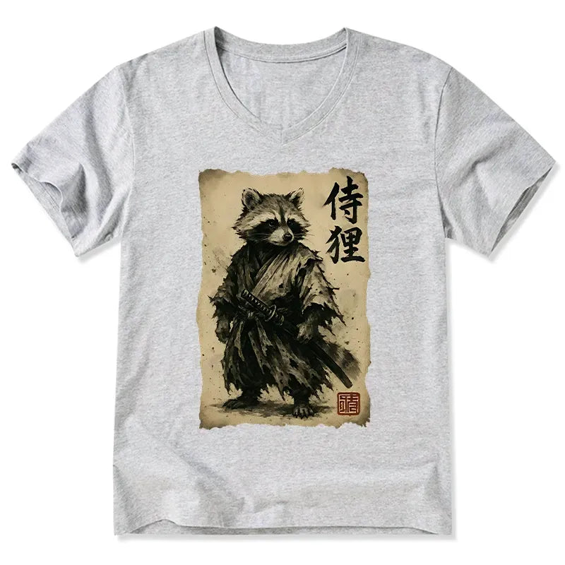 Kyoto-Lion Retro Raccoon Samurai V-Neck Classic T-Shirt