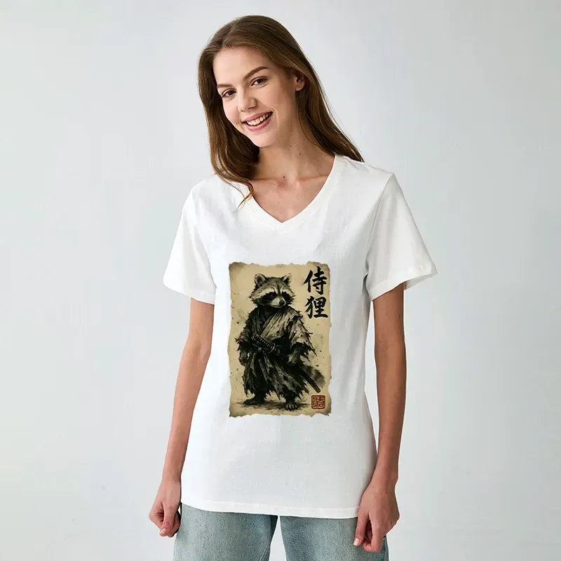 Kyoto-Lion Retro Raccoon Samurai V-Neck Classic T-Shirt