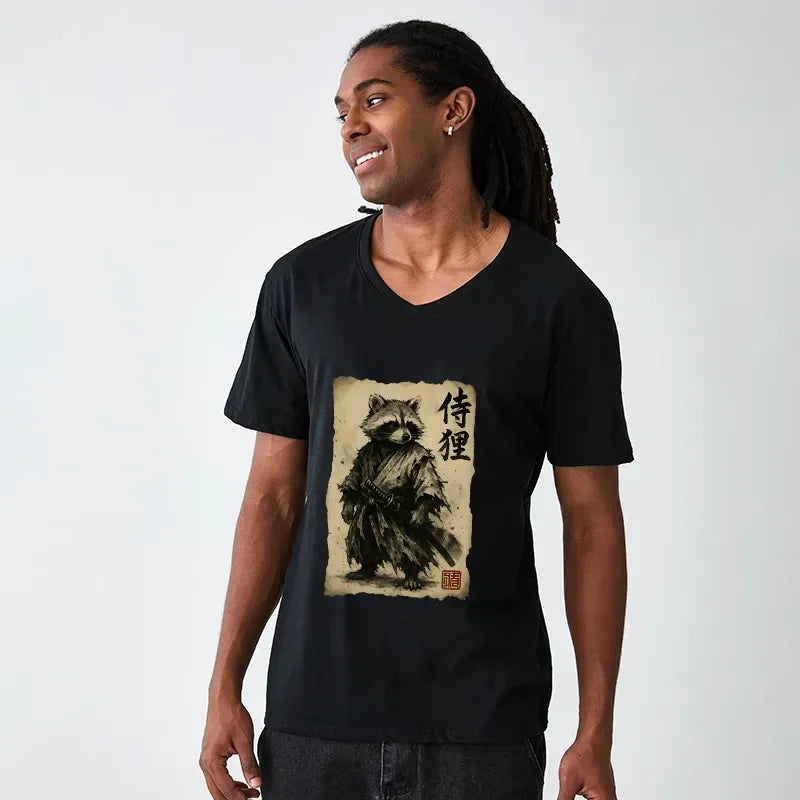 Kyoto-Lion Retro Raccoon Samurai V-Neck Classic T-Shirt