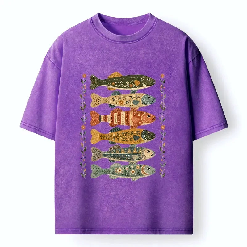 Japanese folk art fish print t-shirt