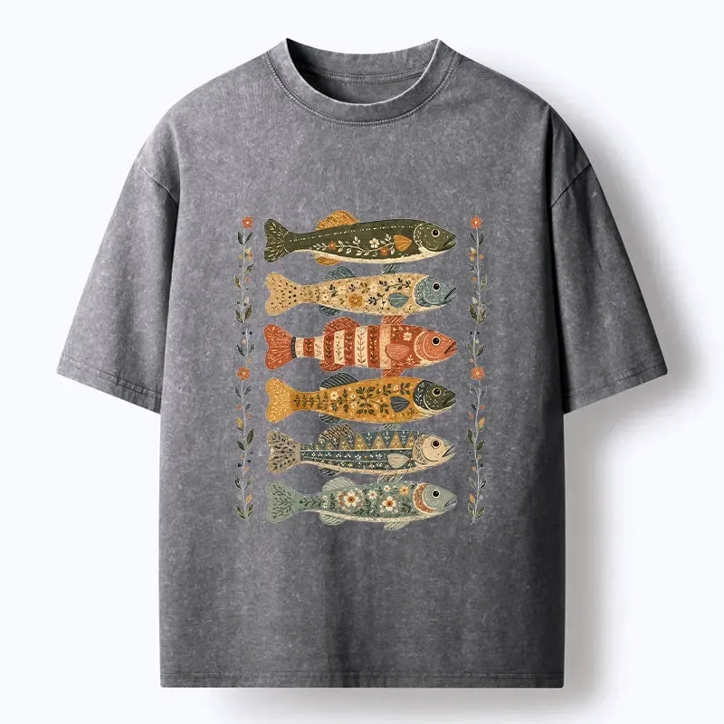 Kyoto-Lion Folk Art Patterned Fish Print Washed T-Shirt