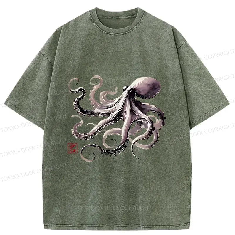 Kyoto-Lion Retro Japan Octopus Washed T-Shirt