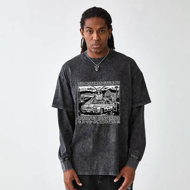 Washed cotton t-shirt with mothman design