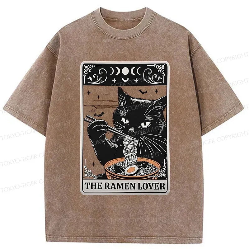 Kyoto-Lion Cat Loves Ramen Washed T-Shirt