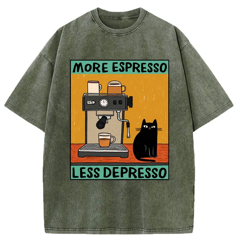 Kyoto-Lion More Espresso Less Depresso Cute Cat Washed T-Shirt