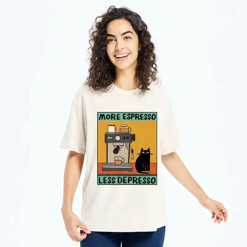 Kyoto-Lion More Espresso Less Depresso Cute Cat Washed T-Shirt