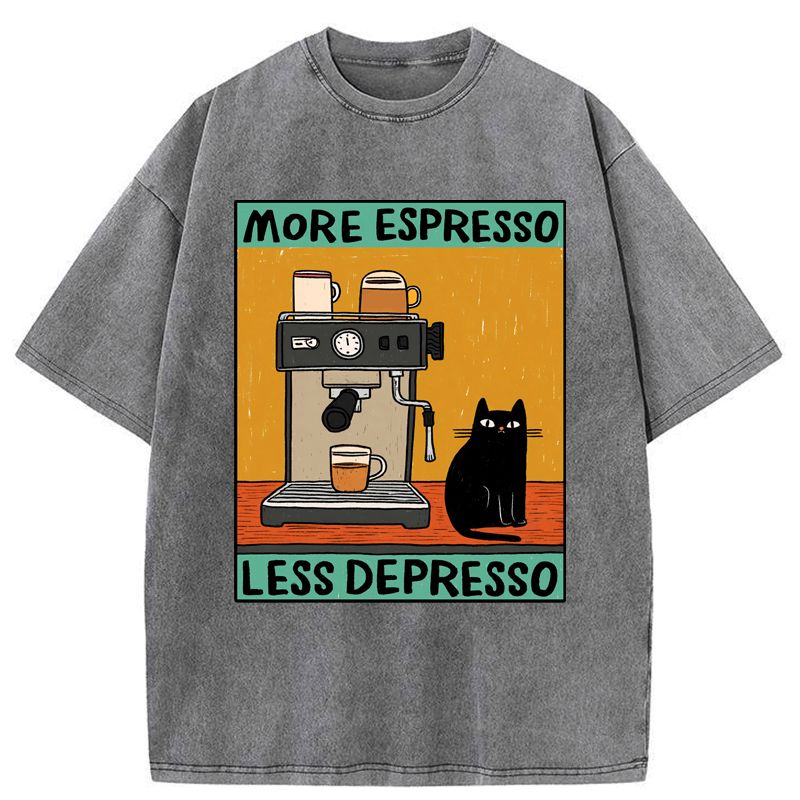Kyoto-Lion More Espresso Less Depresso Cute Cat Washed T-Shirt