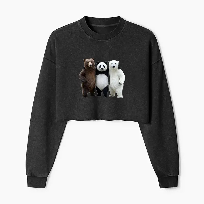 Kyoto-Lion Three Bears Stand Together Washed Crop Sweatshirt