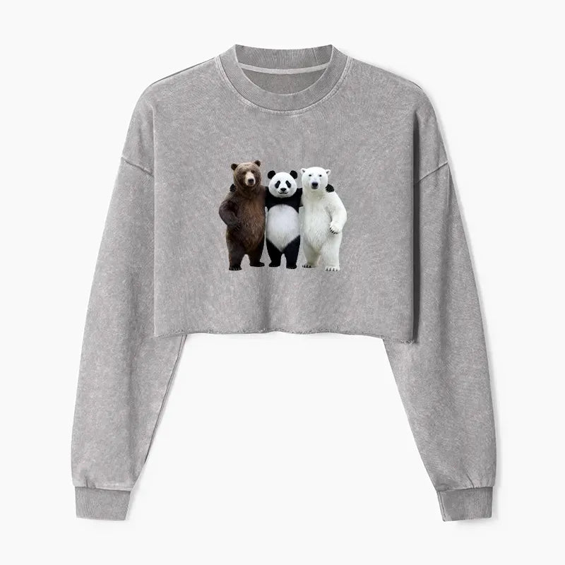 Kyoto-Lion Three Bears Stand Together Washed Crop Sweatshirt