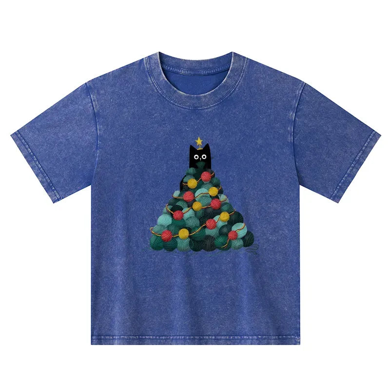 Kyoto-Lion Yarn Christmas Tree Cat Kids Washed T-Shirt