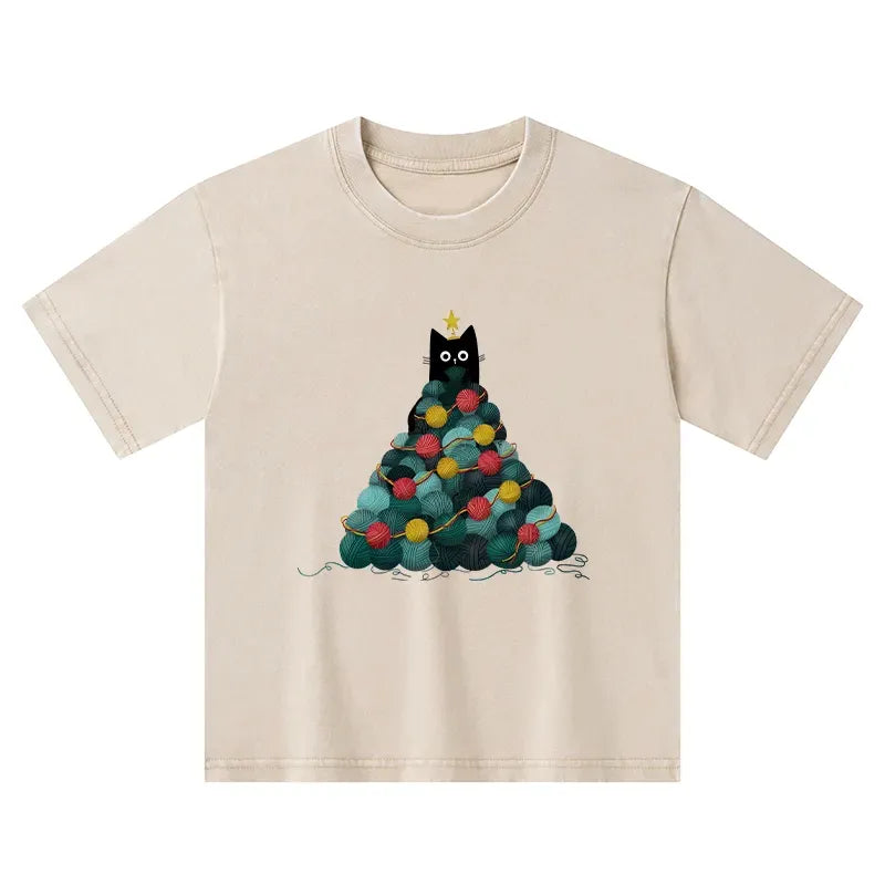 Kyoto-Lion Yarn Christmas Tree Cat Kids Washed T-Shirt